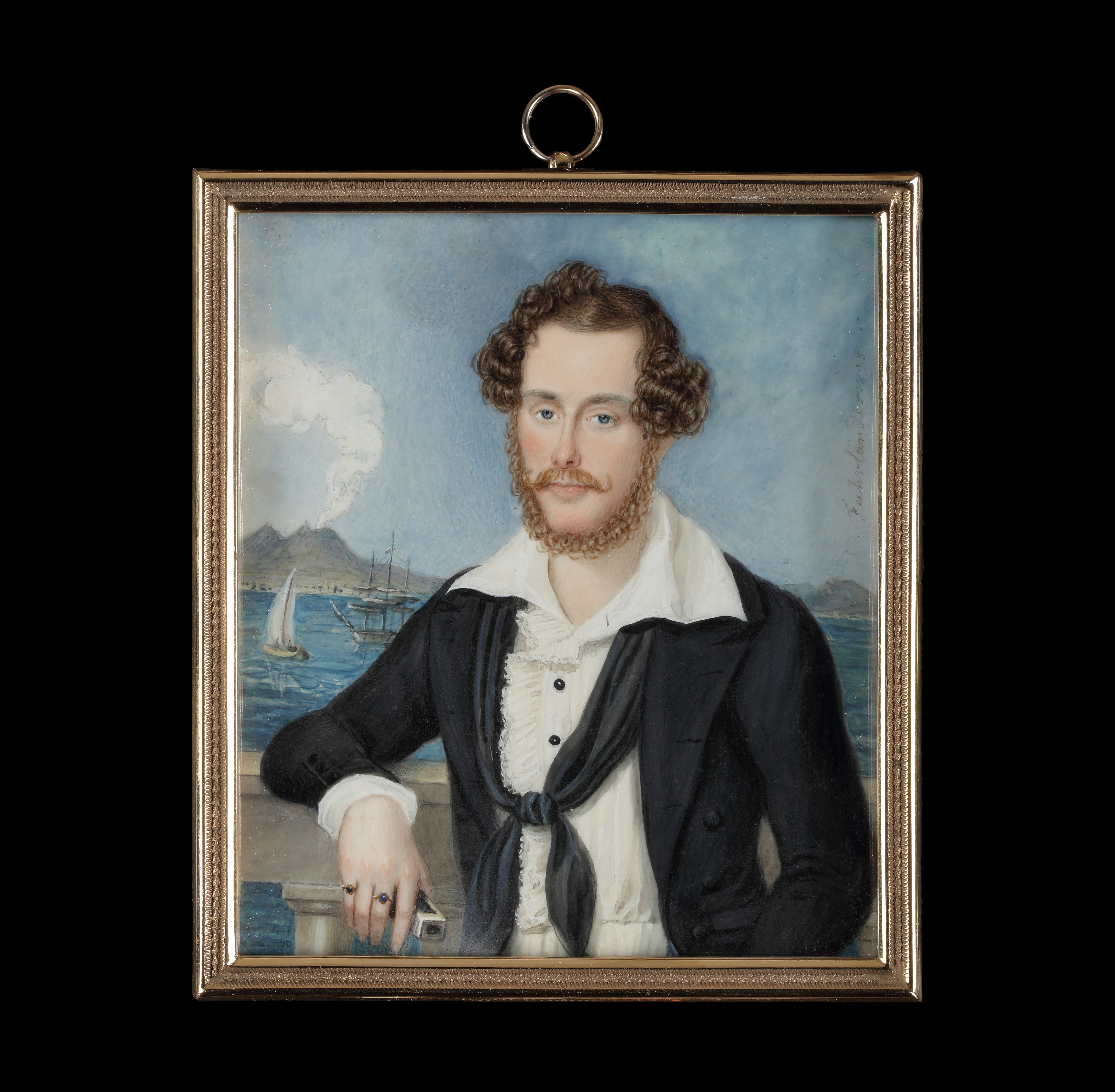Portrait Miniature of an Unknown Gentleman, wearing a black jacket, white shirt and wide collar, a loosely tied black cravat, holding a telescope, stood in front of Mount Vesuvius. 